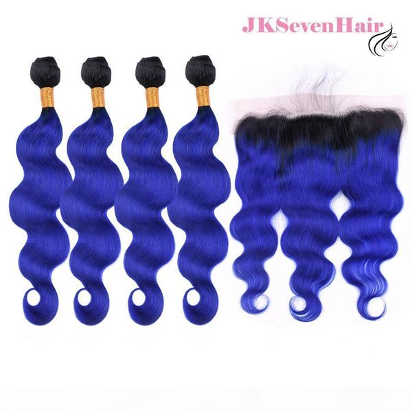 

dark root blue peruvian virgin hair body wave 4 bundles with 13x4inch lace frontal ombre 1b blue indian malaysian remy hair weaves, Black