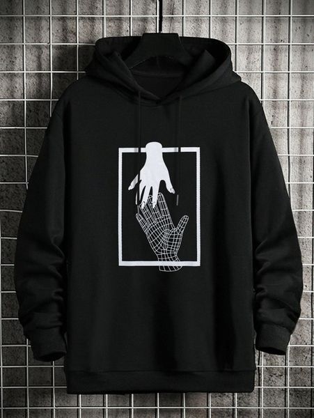

men geo & hands print drawstring hoodie z6c4#, Black