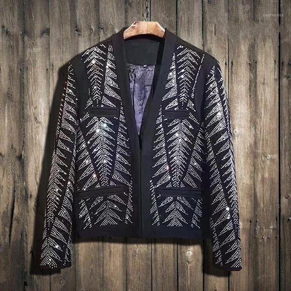 

punk diamonds bling mens night show wear coats long sleeve covered button slim fit big size male cardigan jackets1, Black;brown