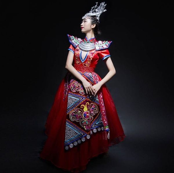 Новое китайское винтажное уникальное платье для выступлений на сцене для девочек Мяо Шань, женское платье для выступлений на сцене меньшинства Яо для взрослых, Юньнань
