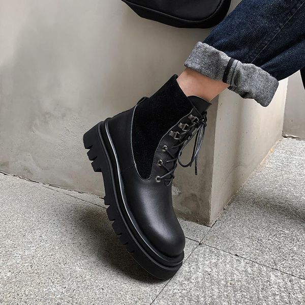 

boots patchwork genuine leather short women ankle office shoes woman 2021 winter warm high heels size 41 42 43, Black