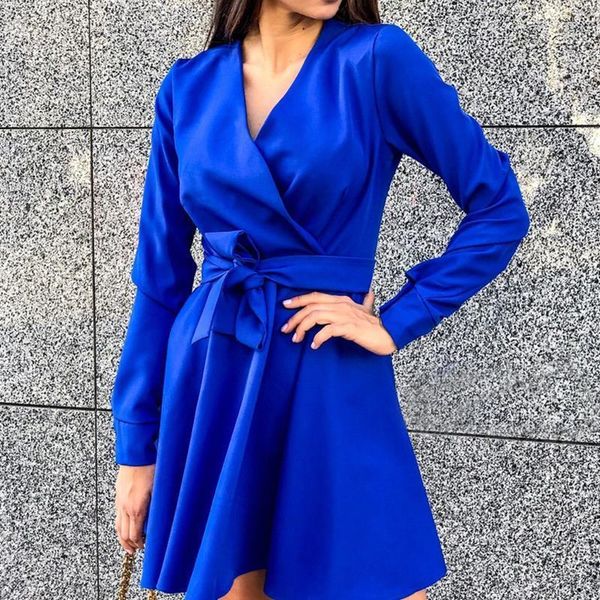 

women sashes bow tie a line party dress ladies long sleeve v neck elegant dress 2021 new fashion winter dress mini, Black;gray