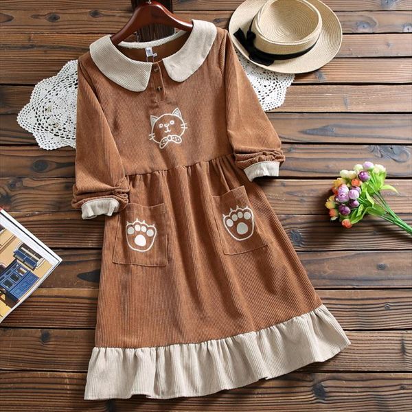 

autumn winter cute kawaii women corduroy dress new style peter pan collar long sleeve mori girl sweet dress, Black;gray
