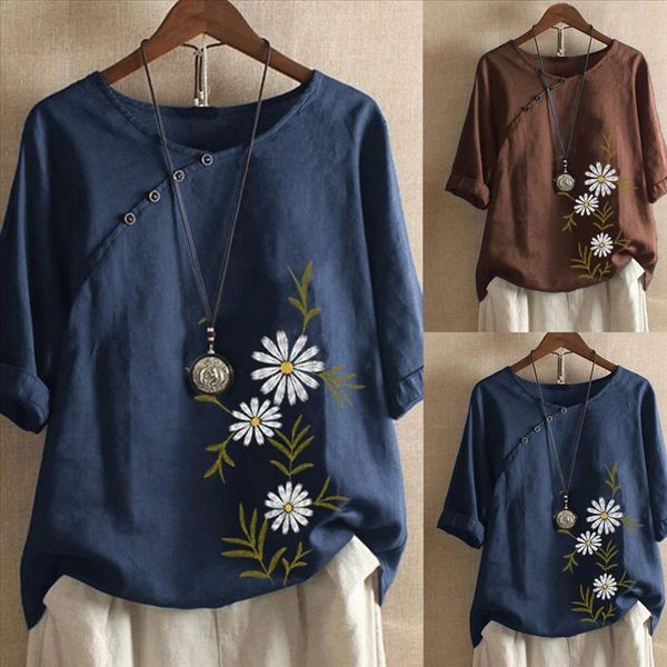

40 plus size women long sleeve cotton linen blouse o neck daisy print button tunics autumn elegant casual pullover shirts, White