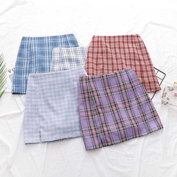 

women summer high waist shorts skirt women casual plaid split shorts mini slim skirt1, White;black
