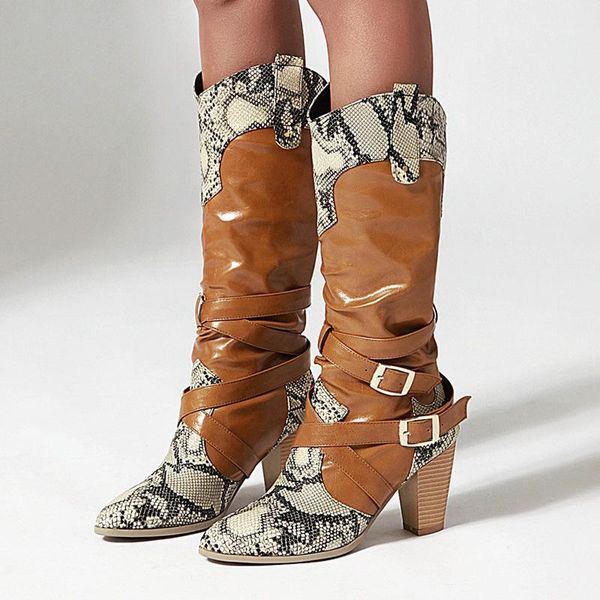 

boots sgesvier snake print knee high for woman round toe square heel heels thigh fur warm botas1, Black