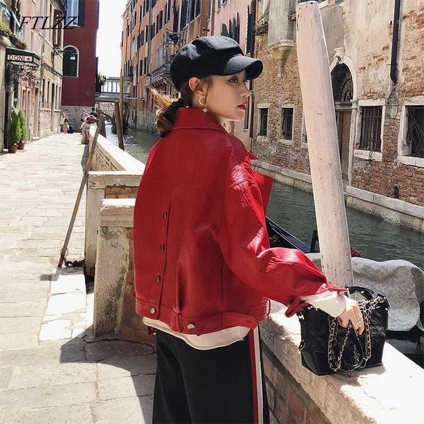 

ftlzz autumn faux leather jacket women loose turndown collar single breasted motorcycle leather coats1, Black