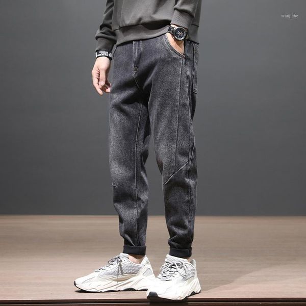 

fashion streetwear men jeans black gray elastic loose fit denim harem pants korean style hip hop wide leg small bottom trousers1, Blue