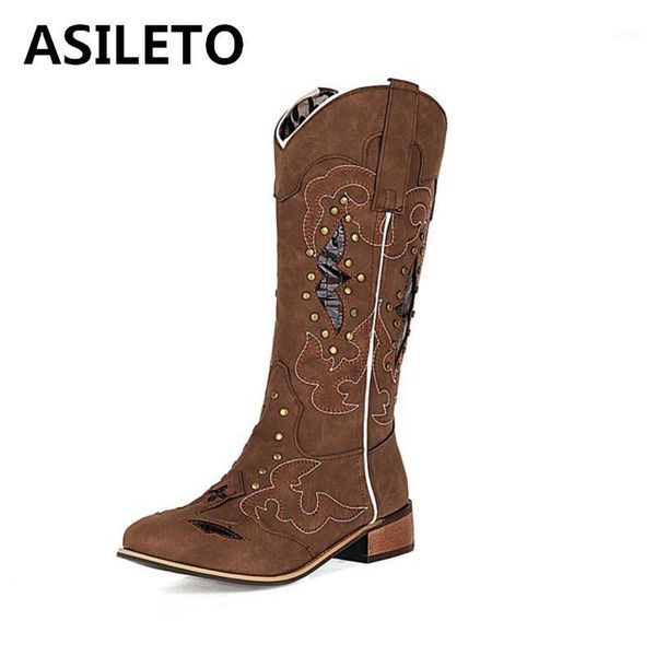 

boots asileto women western round toe square heel artificial leather short plush big size embroider rivet winter casual black s21