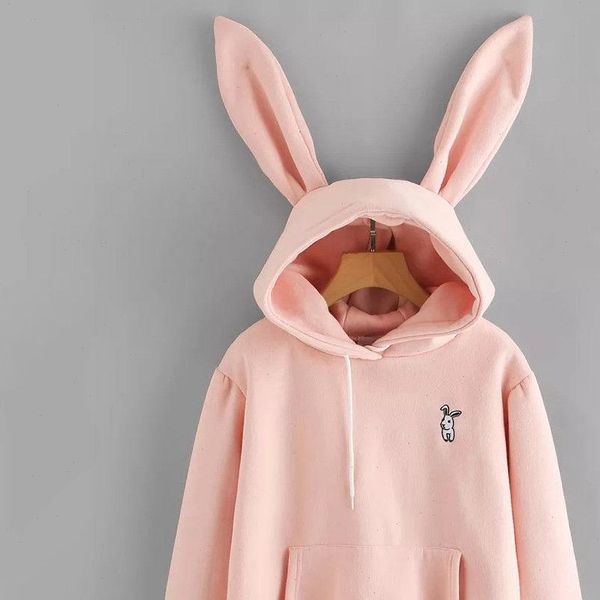 

lady girl cute sweatshirt cotton coat women long sleeve rabbit ear lovely casual bunny hoodies plus size, Black