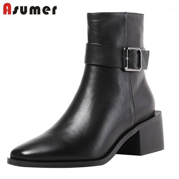 

asumer 2021 genuine leather shoes women vintage ankle boots square toe buckle zip autumn casual shoes ladies boots1, Black