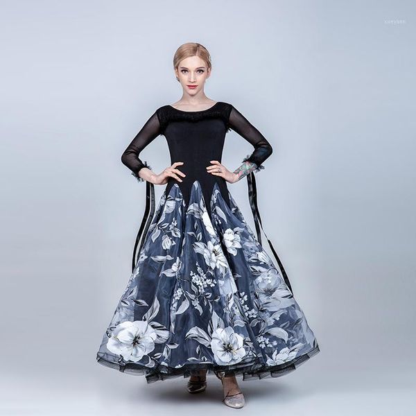 

h2601 women ballroom dance dress long sleeve big hemline costumes national standard modern waltz dance practice performance wear1, Black;red