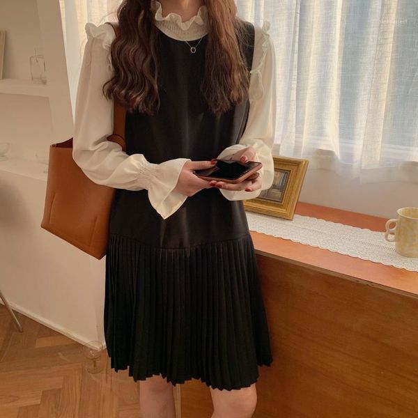 

vintage women two piece set long sleeve ruffle trim female blouses and high waist long pleated skirt elegant 2 piece outfits1, Gray