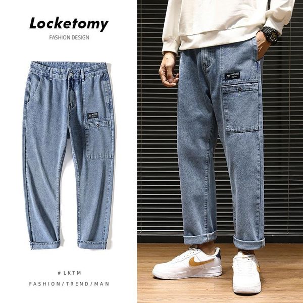 

мужская одежда 2020 осень новый стиль trend trend прямые джинсы мужской гонконг стиль свободная рабочая одежда свободные штаны, Blue