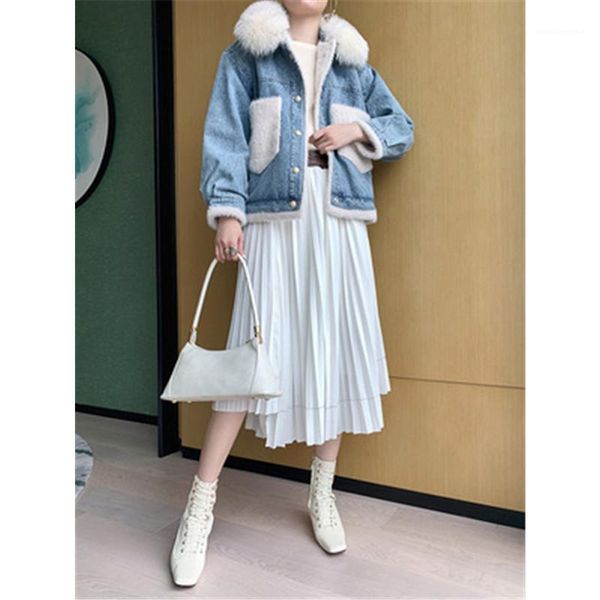 

trend splicing plush long sleeve cardigan coats female winter new thicken straight outerwear womens fur collar denim jackets fashion, Black;brown