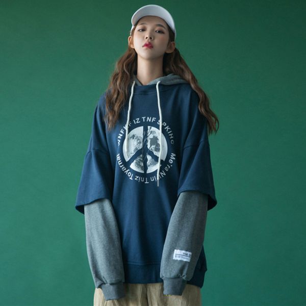 

fake 2-piece sweater women's loose bf languid design fashion hoodie color block letter print chic eynx, Black