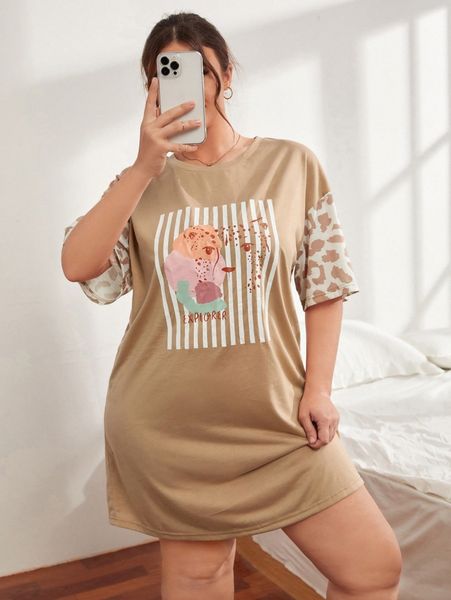 

plus striped and leopard print drop shoulder night dress z5up#, Black;white