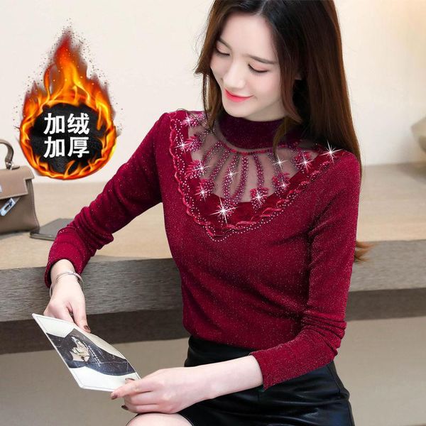 

women's blouses & shirts lace bottoming shirt half turtleneck velvet blouse autumn winter mesh hallow out long sleeve slim fashion blus, White