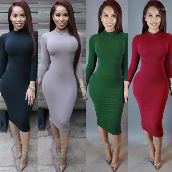 

nightclub dress women solid turtleneck stretch long sleeve bodycon dresses lady tight hip package pencil dress vestidos1, Black;gray