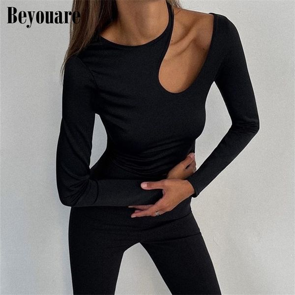 Beyouare Aushöhlen Frauen Langarm T Shirt Sexy Rundhals Dünne Tops Ribbing Solide Elegante Grund Tees Casual Herbst 220217