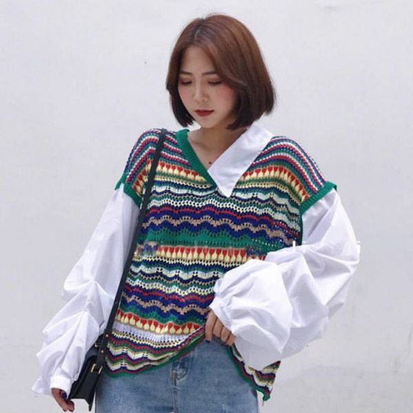 

ewq] 2020 winter women new gentle indie folk v-neck loose soft minimalist panelled puff sleeve pullover knitting sweater 8q620 h1211, White;black