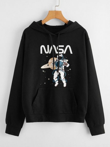 

letter & astronaut print drawstring hoodie r2rs#, White;black