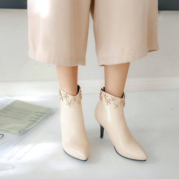 

boots big size ma'am fine heel short metal decoration boot barrel high, Black