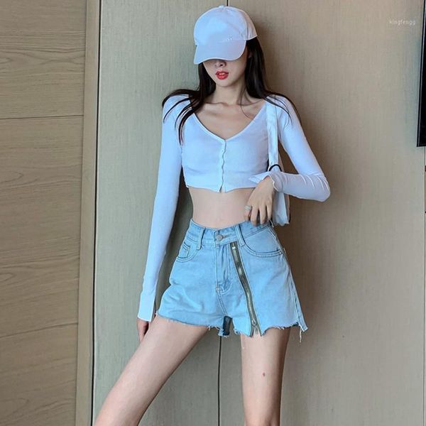 

shorts summer 2020 new korean version loose wide leg pants high waist slimming side zipper jeans pants women1, Blue
