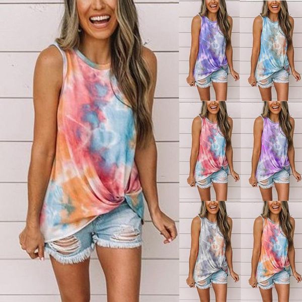 

plus size women summer tank vest 2021 round neck sleeveless tie dye kink print tank t shirt casual loose comfortable, White