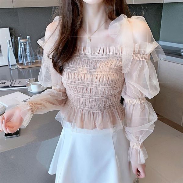 

womens ruffle mesh stitched transparent lace chiffon shirt one word shoulder splice chiffon bow blouses shirts 91b, White