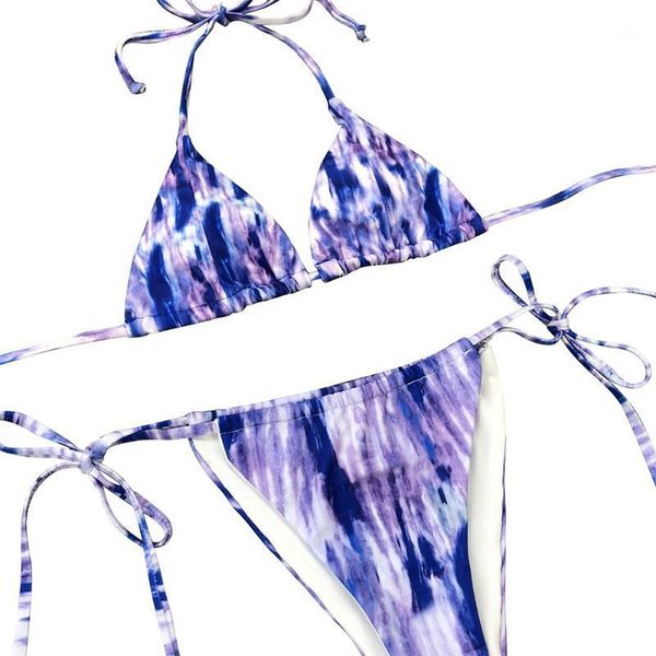 

women tie dyeing bikini suits halter neck tied low waist lace up thong split bandage swimsuit bikini beachwear1, White;black