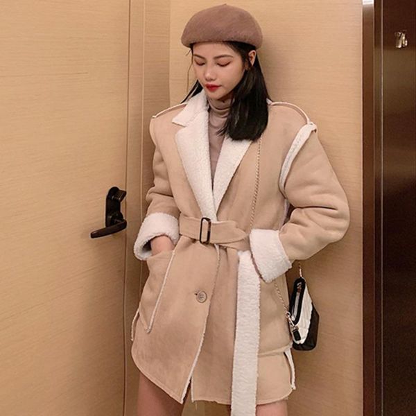 

women's wool & blends [ewq] 2021 winter female casual turn down collar long-sleeved minimalist patchwork lambfur lace up woolen overcoa, Black