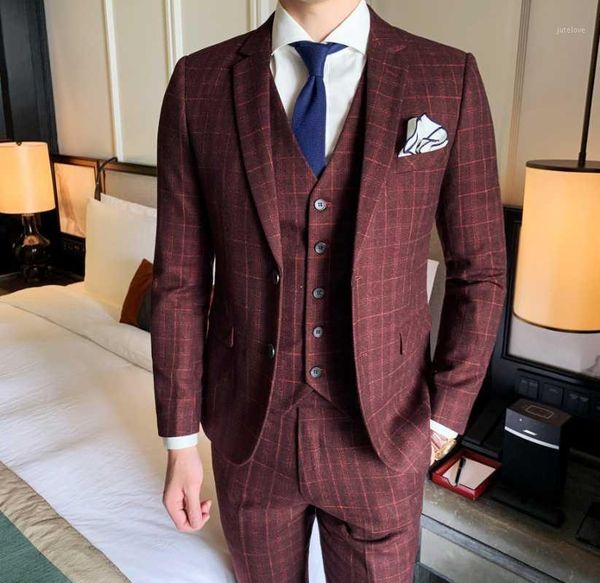 

burgundy plaid costume homme mariage mens suits slim fit wedding host man suits mens terno dinner1, White;black