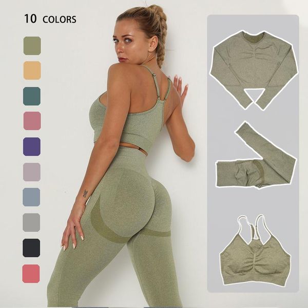 

yoga outfits women workout clothes set wear sports gym legging seamless fitness bra crop long sleeve suit, White;red