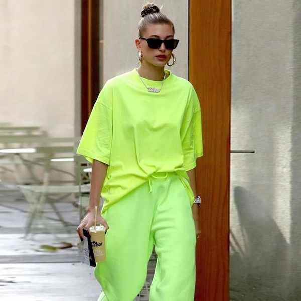 

2020 summer casual long t-shirt oversized women o neck cotton tees fashion loose neon green streetwear hip hop shirts, White