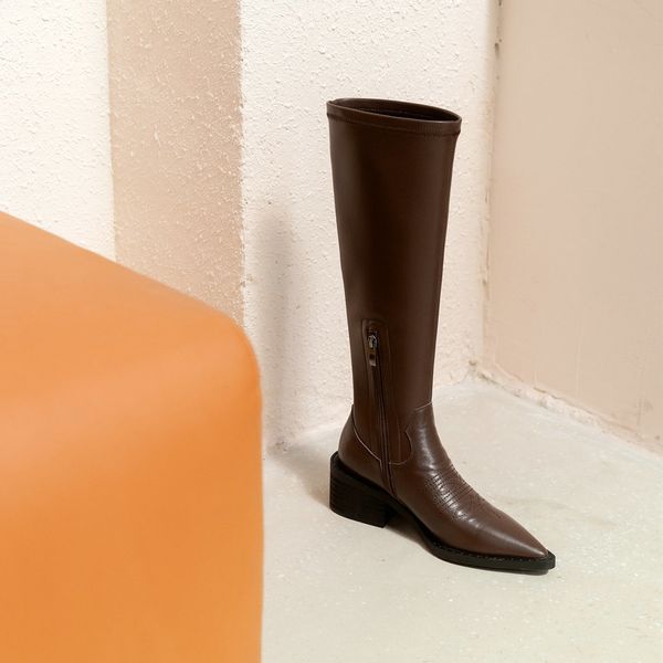 

2021 new mid calf autumn winter pointed toe long boots cow leather women shoes size 34-39 89le, Black