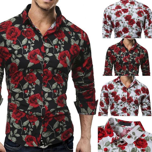 

hirigin rose flower printed shirts men's luxury long sleeve tee slim fit casual1, White;black