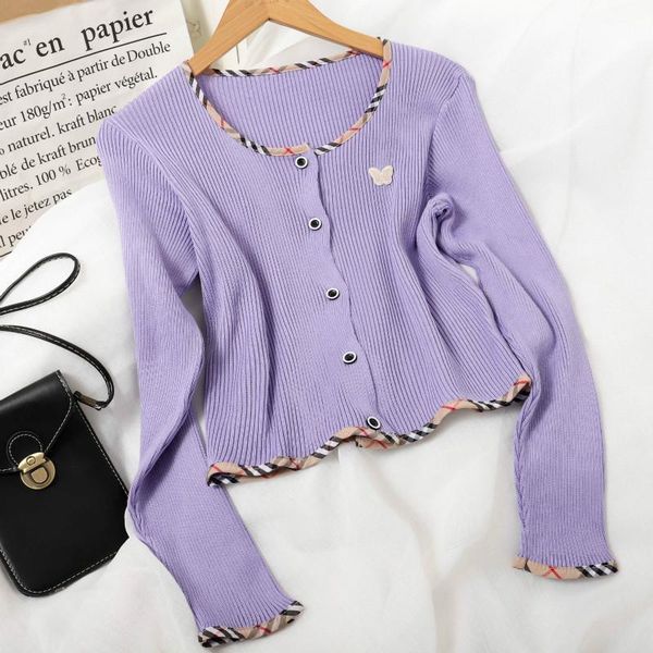 

women's knits & tees korean butterfly embroidery contrast color knitted long sleeved cardigan women loose single-breasted cropped top, White