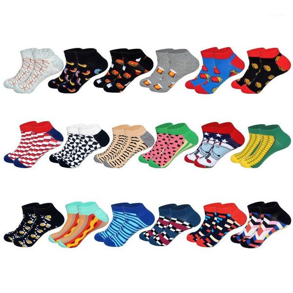 

lionzone newly happy socks men plaid stripe dog corn hamburger pattern novelty men boat socks invisible cotton sock eur40-461, Black