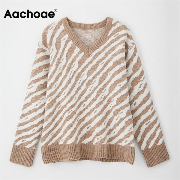 

aachoae v neck knitted sweater women casual stripe jumper lady long sleeve soft pullover sweaters autumn spring pulls femme 201221, White;black