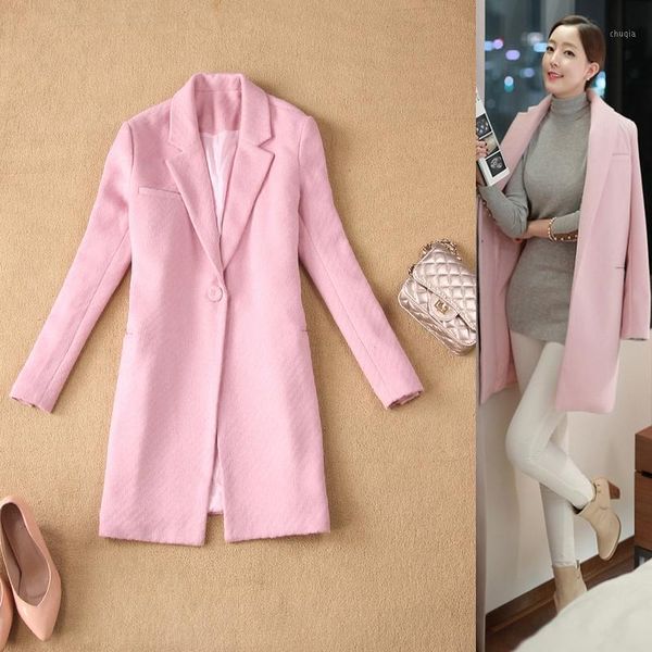 

autumn and winter new wool woolen pink pink simple wild long suit jacket coat winter coat women1, Black