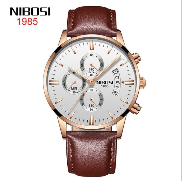 

20 style nibosi button solid steel band men's white dail brown belt rose gold watch waterproof coated glass luminous three-eye quartz w, Slivery;brown