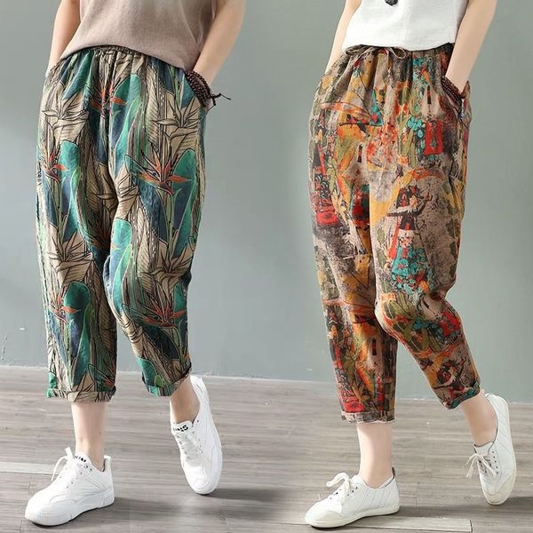 Nuove donne Boho Harem Pantaloni larghi oversize in misto cotone e lino Streetwear Pantaloni da ballo Hip Hop Stampa etnica Hippie Pant 201102