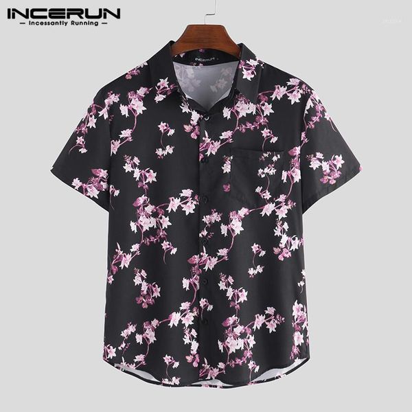 

incerun summer fashion shirt men casual short sleeve slim blouse lapel streetwear floral printed beach hawaiian shirts men s-3xl1, White;black