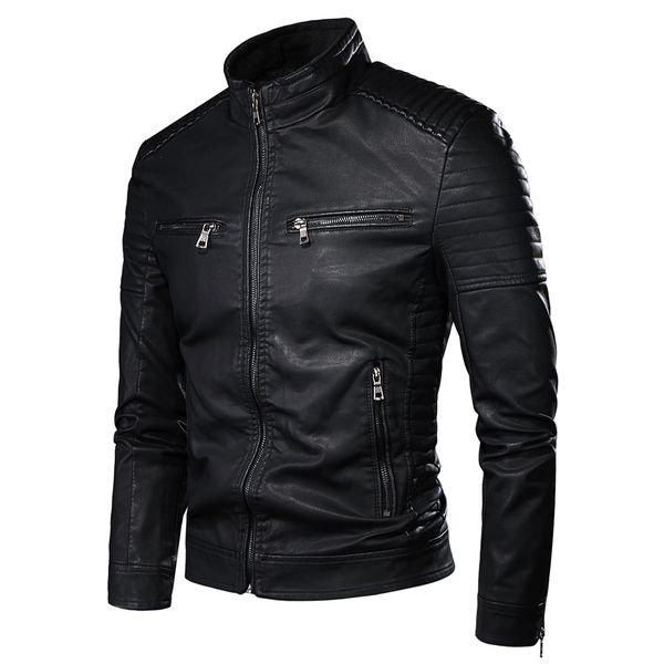 

retro leather jacket men spring motorcycle pocket design pu leather jacket, Black