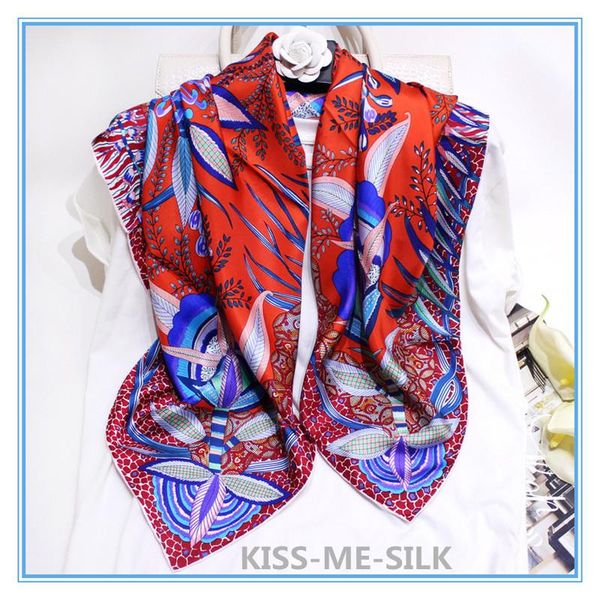 

kms classic flowers silk twill square scarf shawl for women 90*90cm/50g, Blue;gray