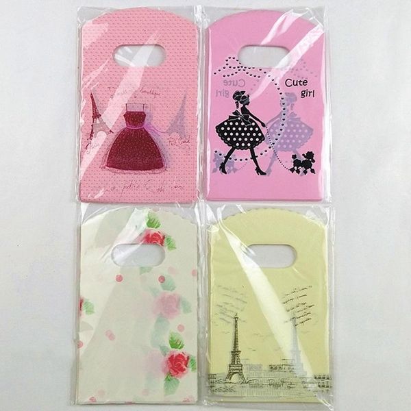 

50pcs/ lot cute girls/tower/flower packaging bags plastic shopping bags with handle small gift 2018 wholesale 4 styles1