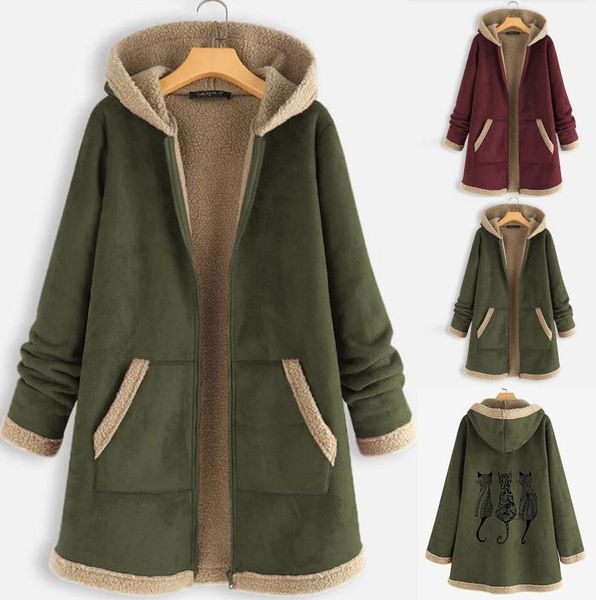 

women loose hoodie coat solid winter cat print fleece patchwork sweatshirt hoodie zipper jackets tracksuit coat hooded #t2g, Black;brown