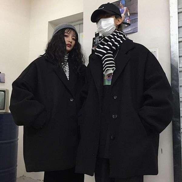 

autumn women coat plus size loose turn-down collar warm outwear mid-length woolen coat windbreaker korean vintage clothes, Tan;black