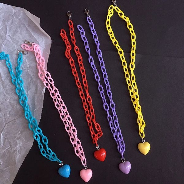 

purple pink yello blue candy love shaped acrylic necklaces for women girls sweet cute necklace jewelry gift, Silver